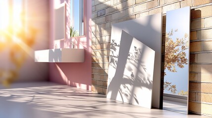 Bright room with mirrors, sunlight, and shadow play. A serene, minimalist interior