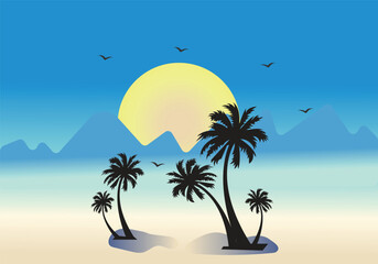 tropical beach landscape with palm trees and sunset
