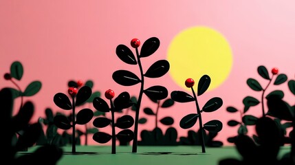 Sunrise Silhouette  Minimalist Plant Illustration  Artistic Nature Scene  Red Berries  Pin