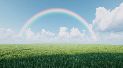 Naklejka premium A vibrant rainbow arches over a vast, grassy plain under a partly cloudy sky