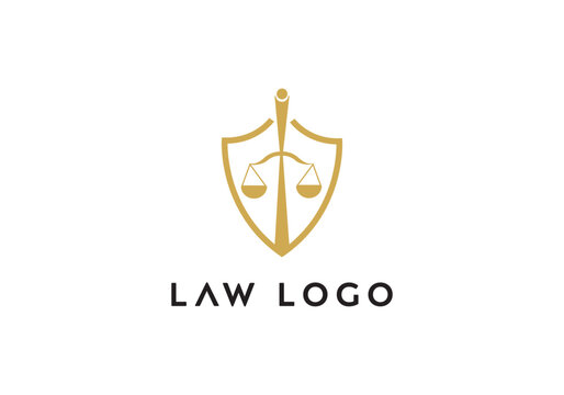 law firm logo with golden justice scale and shield