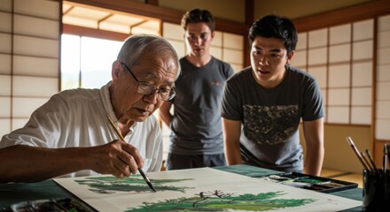 絵を描く高齢者と見守る学生（ai生成画像）