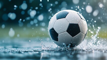Naklejka premium Soccer ball in rain, black and white ball floating on waterlogged field, dynamic sports scene, perfect for sports themes.