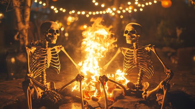 Skeletons in a dark setting with candles glowing lights, and Halloween vibes picture