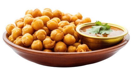 wooden plate filled with golden. crispy chickpea balls. accompanied by a small bowl of tangy dipping sauce garnished with fresh cilantro this dish is often enjoyed as a snack or appetizer in various c