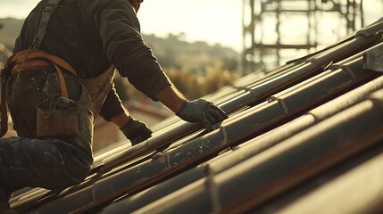 Construction Worker Installing Roof Tiles