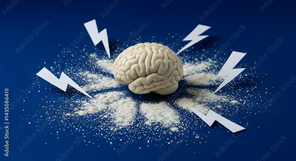 Poster realistic brain surrounded by lightning bolts on dark blue backdrop emphasizing idea and conceptual 