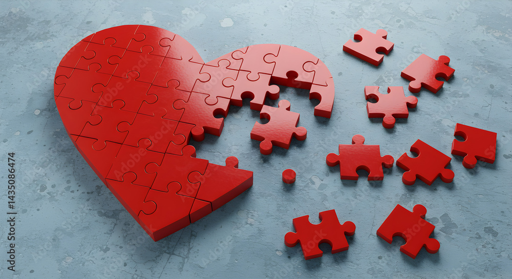Poster red heart jigsaw puzzle partially assembled on gray textured background symbolizing love and connect