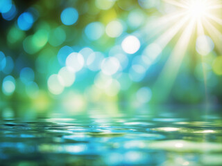 Abstract image of water surface reflecting sunlight and blurred green foliage. Serene and bright.