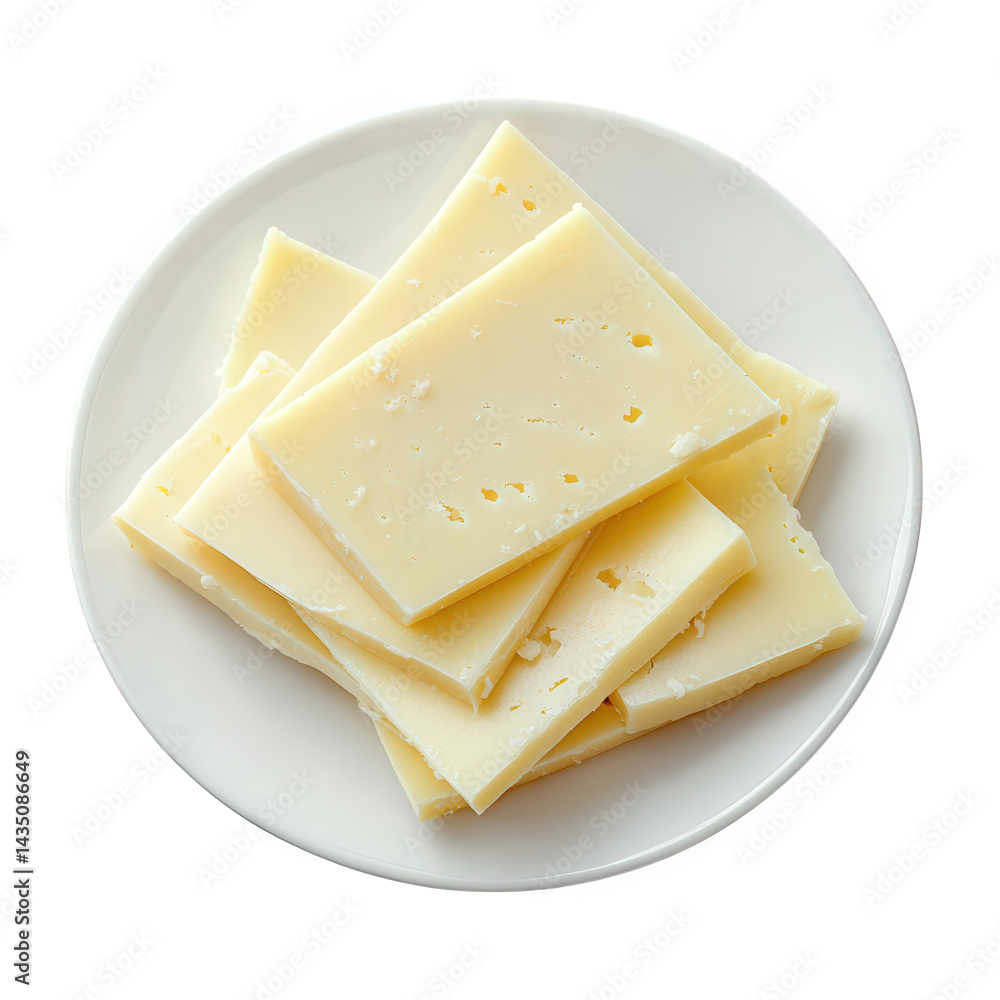 Poster a clean. simple plate holds several slices of pale yellow cheese. showcasing a smooth texture with s