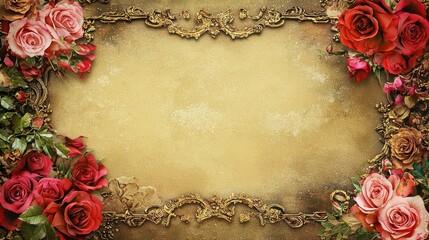 Elegant antique frame with faded red and pink roses, golden lace overlays, and a smooth gold background