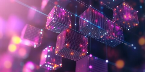 Digital Cubes Network: A mesmerizing display of interconnected digital cubes shimmering with vibrant light, symbolizing the intricate web of data and technology that defines the modern world.