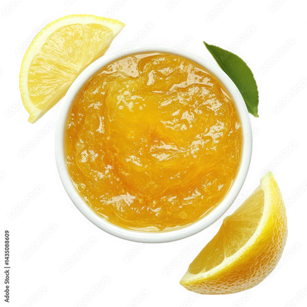 Poster bowl of bright yellow lemon marmalade. surrounded by fresh lemon wedges the marmalade has a glossy t