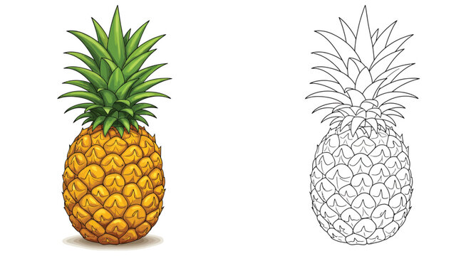 The Pineapple: A refreshing visual of a tropical pineapple is portrayed. A vibrant display, with one rendered in full color and the other in a detailed line art. 