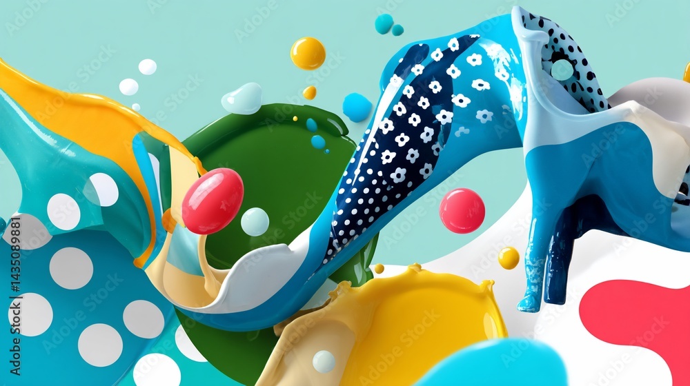 Poster colorful abstract shapes, blobs, and spheres float on a light backdrop