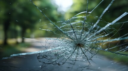 Car Windshield with Extensive Spiderweb Cracks and a Road with Greenery Visible