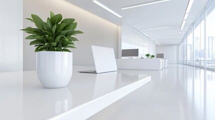Bright modern interior featuring sleek white furnishings, large windows allowing natural light, perfect for minimalist decor.