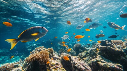 Fototapeta premium Underwater adventure vibrant fish species in coral reef tropical ocean wildlife photography serene environment wide-angle view
