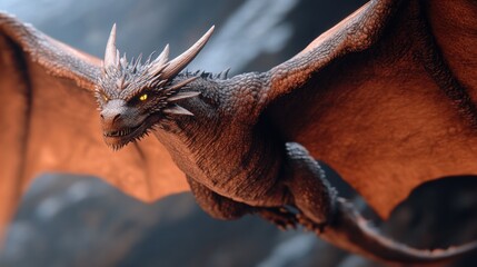 Obraz premium Majestic dragon soaring through rocky landscape with glowing eyes and detailed scales