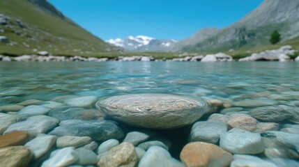 Crystal-clear alpine lake with submerged stone