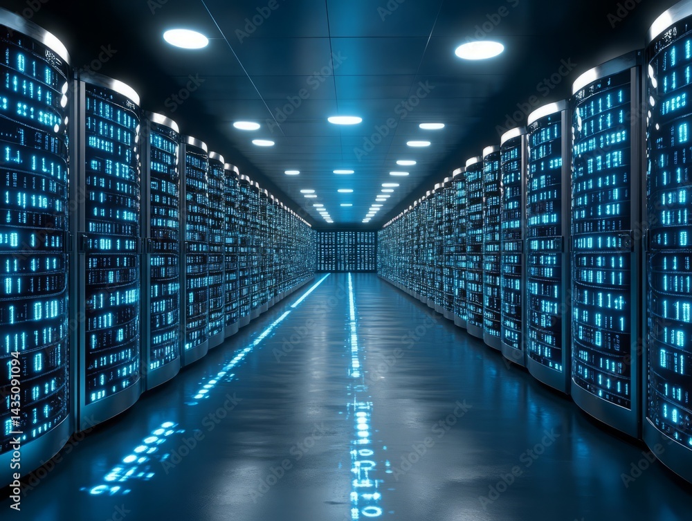 Aufkleber data center corridor: rows of powerful servers hum with activity in a state-of-the-art data center, 