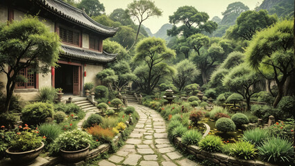 Obraz premium Serene Asian Garden Stone Path Winding Through Lush Greenery and Traditional Architecture