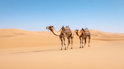 Two camels traverse the desert sands