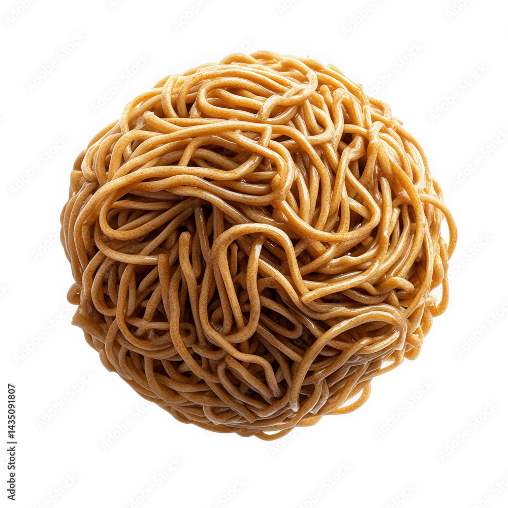 Poster spherical mound of cooked noodles. showcasing their intricate. tangled structure the warm. golden-br