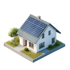 a modern house with solar panels on the roof. surrounded by a small garden featuring trees and shrubs the design emphasizes sustainability and eco-friendliness. showcasing a blend of contemporary arch