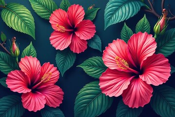 Obraz premium Bold vibrant hibiscus, tropical seamless design, illustration, hawaiian, nature
