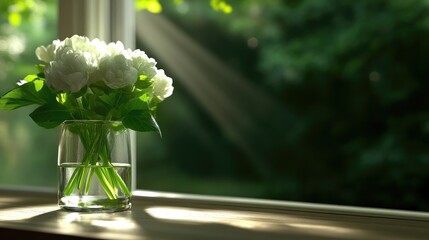 White flowers in a glass vase on a windowsill, bathed in sunlight.  Soft focus background of greenery