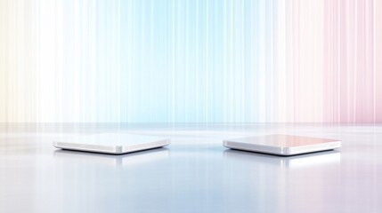 Two modern, minimalist podiums against a pastel-colored backdrop.  Glossy, reflective surfaces and clean lines create a sleek aesthetic