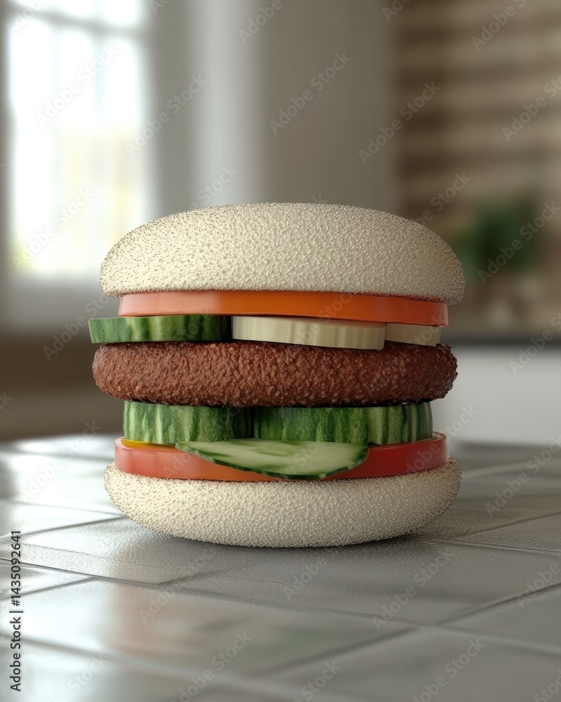 Poster appetizing vegan burger with fresh cucumber tomato and cheese slices on a textured surface capturing