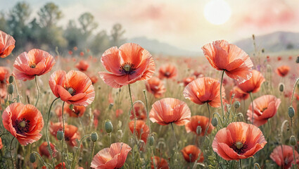 Obraz premium Vibrant Red Poppies Blooming in a Sunlit Field at Dawn