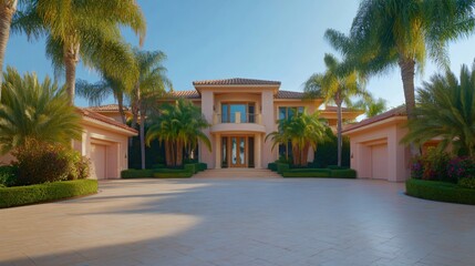 Elegant villa surrounded by lush greenery, bright sunlight illuminating the spacious entrance, ideal for luxury living.