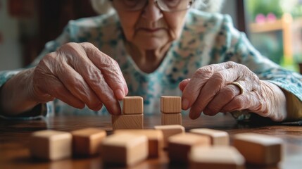 Elderly woman engages in cognitive exercise with wooden blocks in a bright room