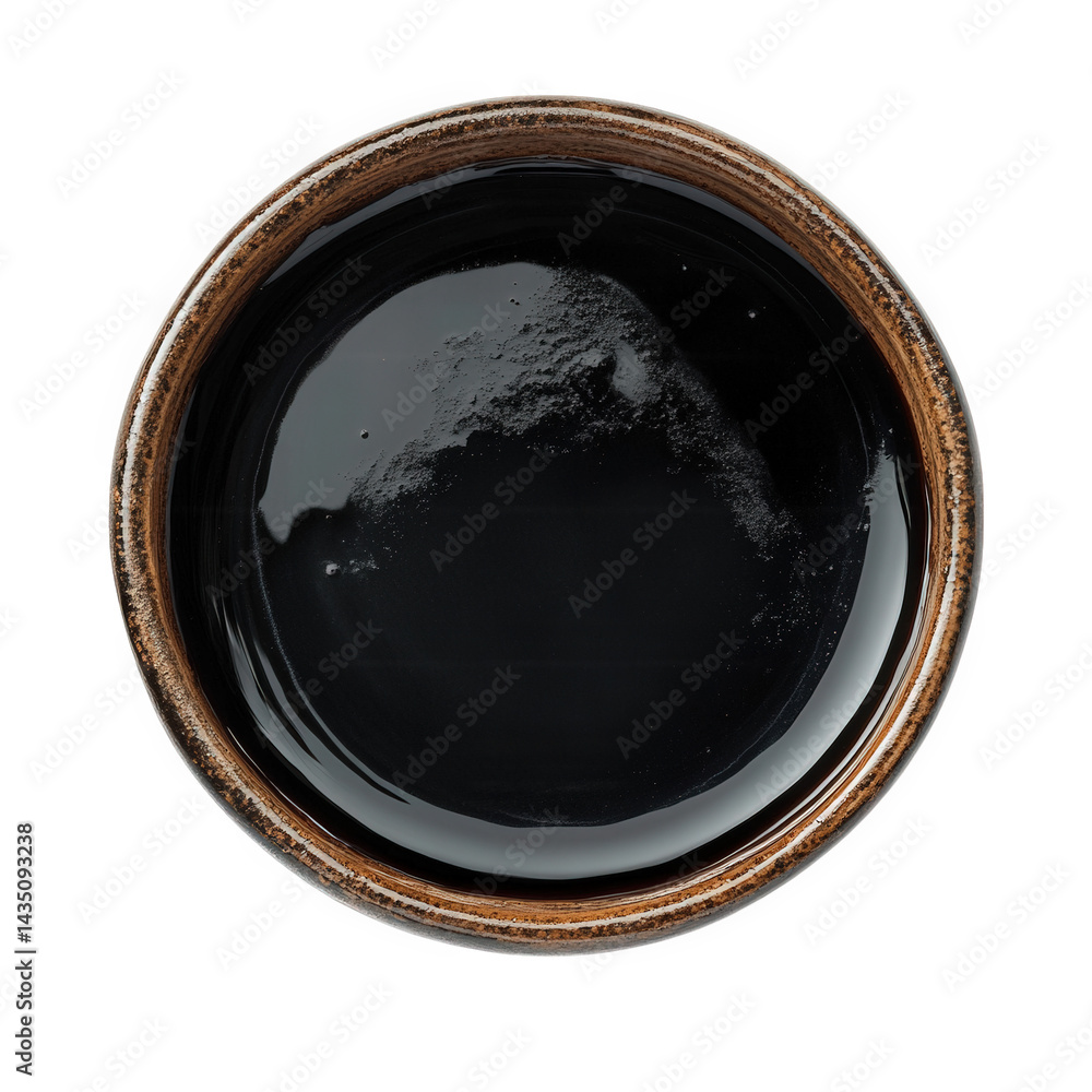 Poster round. shallow dish filled with a glossy. black liquid. likely a condiment or sauce. showcasing its 