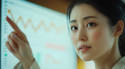 上昇チャートを指し示す女性（ai生成画像）