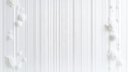 White Wood Paneling Floral Accents Minimalist Style High-Resolution Soft Lighting Landscape Full Shot Delicate Texture Elegant Design White Background Pure Serenity Ideal for Wedding Invitations