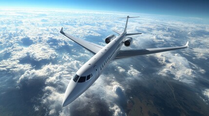 Fototapeta premium Modern airplane high above the earth, gliding through a bright blue sky with soft, scattered clouds below 