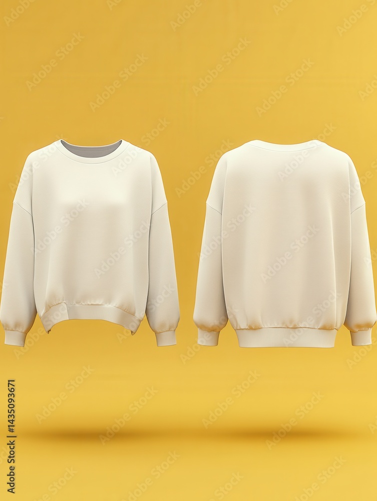 Poster creamy sweatshirt mockup on a warm yellow background showcasing front and back views for apparel des