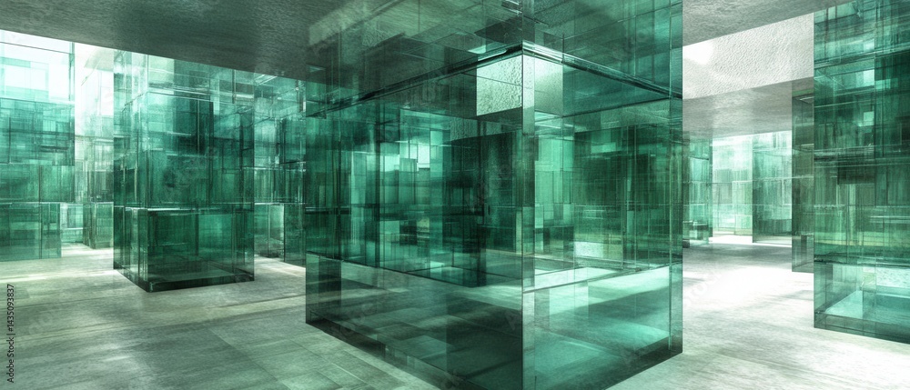 Poster abstract architectural design featuring transparent green glass cubes creating a modern geometric sp