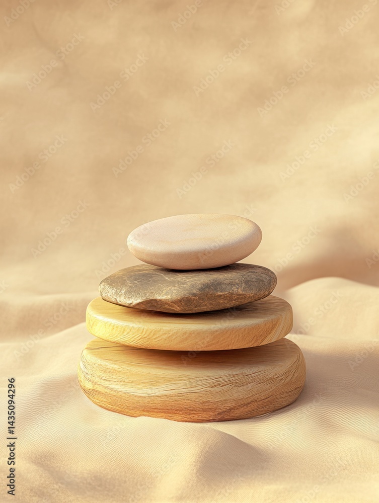 Aufkleber serene zen stones balanced on a soft beige fabric background creating a peaceful and calming atmosph