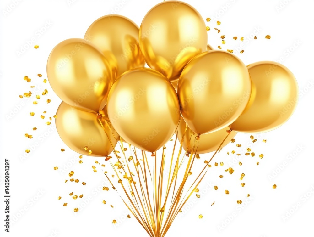 Poster golden balloons floating against a white background creating a celebratory atmosphere with confetti 
