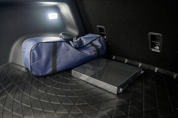 Large black empty car trunk. Open car trunk close up