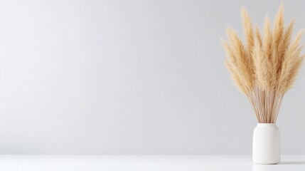 A bunch of dried wheat stalks arranged in a white ceramic vase on a minimalist white surface, soft neutral background, and rustic home decor concept.
