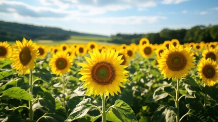 Fototapeta premium A vibrant sunflower field under a partly cloudy sky.