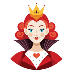 Alice in Wonderland Queen of Hearts clipart. The image shows a stylized depiction of the Queen of Hearts with a crown and a high collar. Vector illustration design.