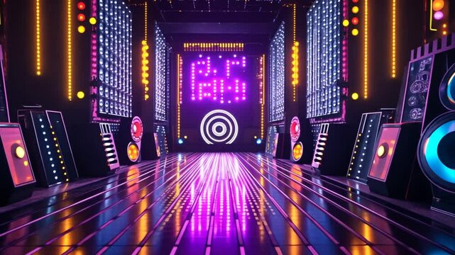 Energetic retro synthwave tunnel animation with glowing neon lights and vintage boomboxes vibes perfect loop