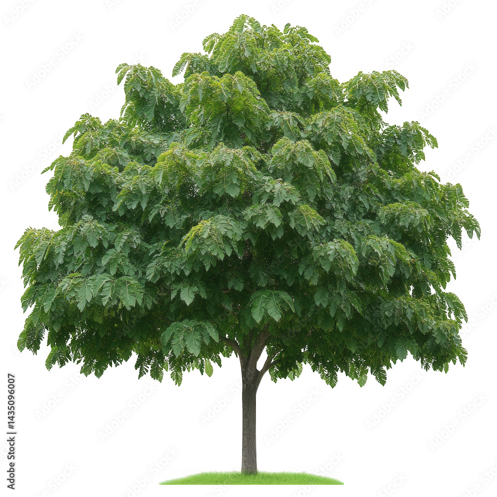 Poster a lush. green tree with a broad canopy and a sturdy trunk. set against a plain white background the 